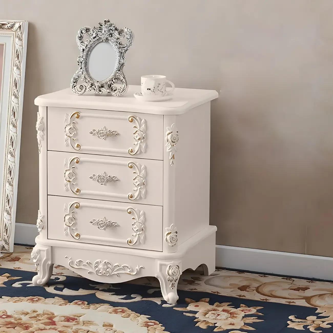 Traditional White Wood Carved 3-Drawer Nightstand Image - 4