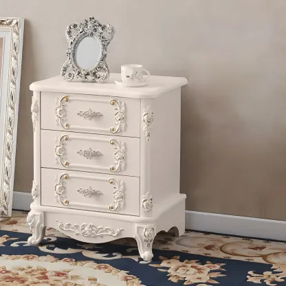 Traditional White Wood Carved 3-Drawer Nightstand Image - 4