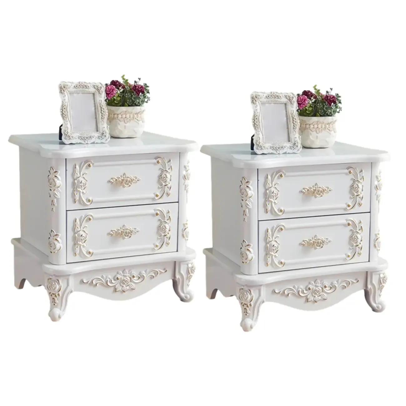 Traditional White Wood Carved 3-Drawer Nightstand Image - 8