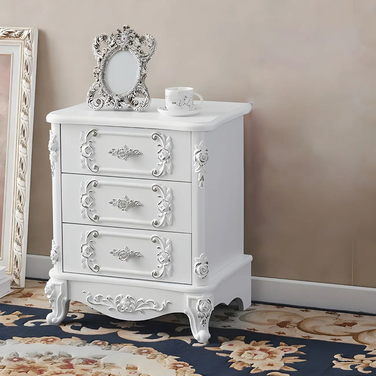 Traditional White Wood Carved 3-Drawer Nightstand Image - 1 | homeyfad