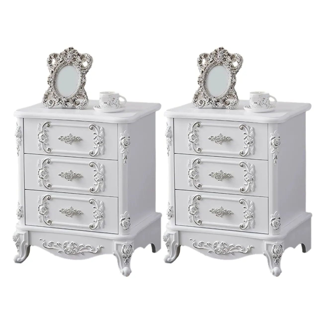 Traditional White Wood Carved 3-Drawer Nightstand Image - 9 | homeyfad