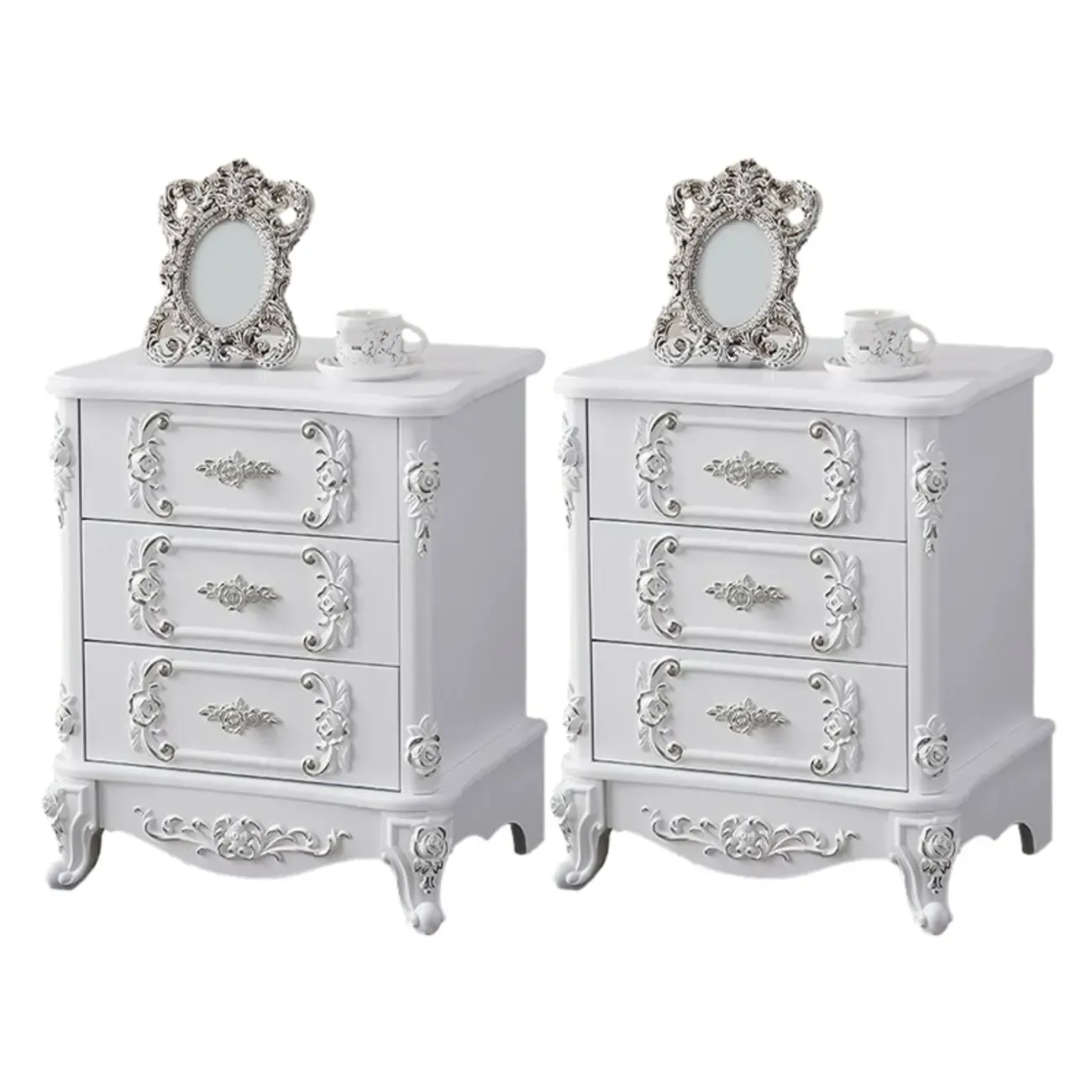 Traditional White Wood Carved 3-Drawer Nightstand Image - 9