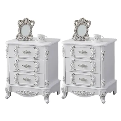 Traditional White Wood Carved 3-Drawer Nightstand Image - 9