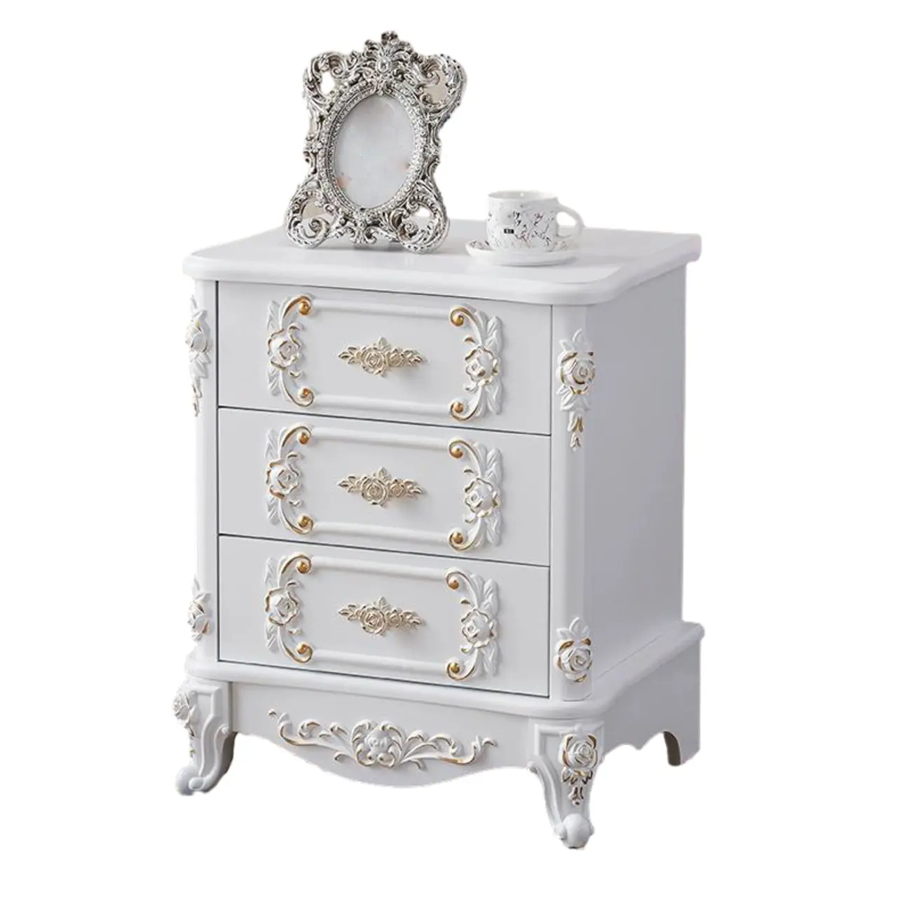 Traditional White Wood Carved 3-Drawer Nightstand Image - 10 | homeyfad