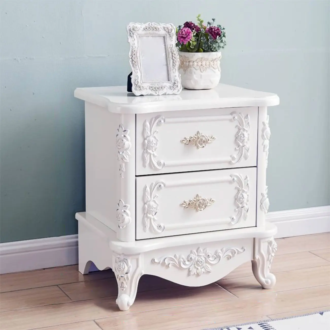 Traditional White Wood Carved 3-Drawer Nightstand Image - 11 | homeyfad