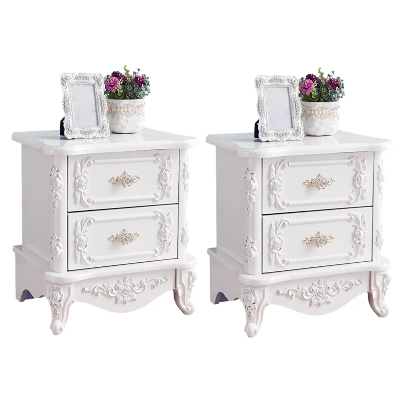 Traditional White Wood Carved 3-Drawer Nightstand Image - 12 | homeyfad