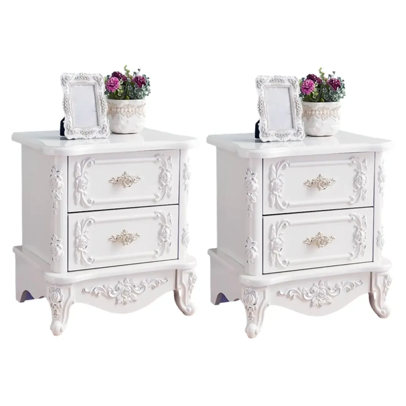 Traditional White Wood Carved 3-Drawer Nightstand Image - 12