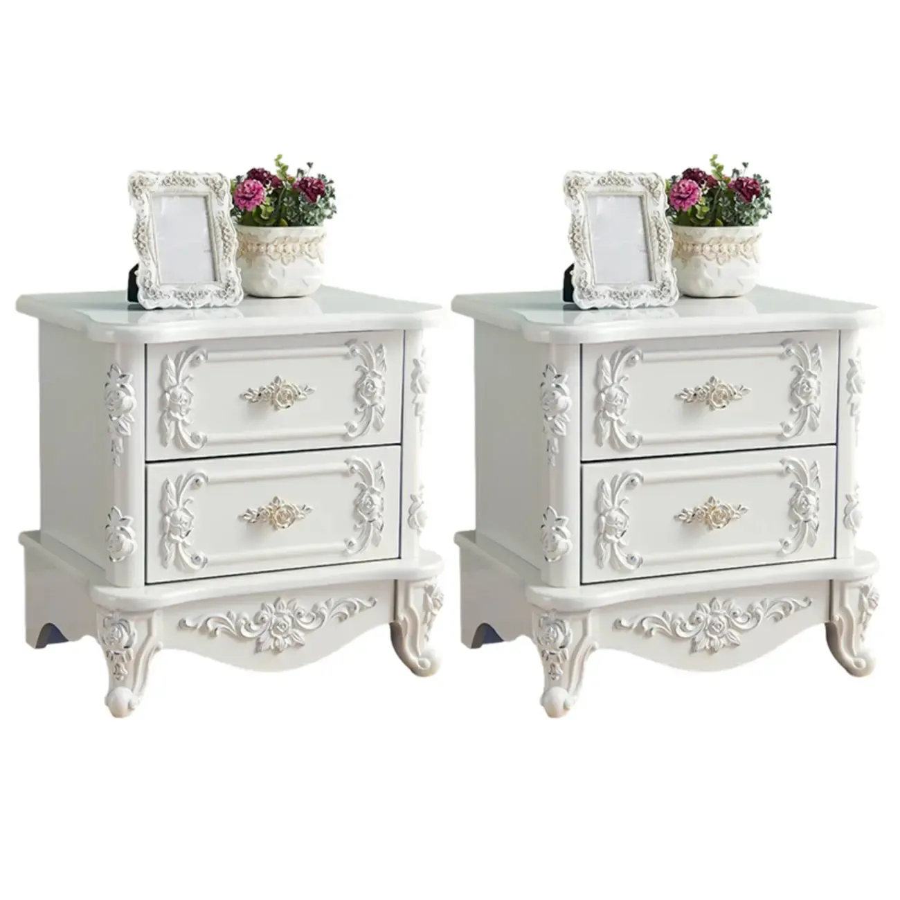 Traditional White Wood Carved 3-Drawer Nightstand Image - 13