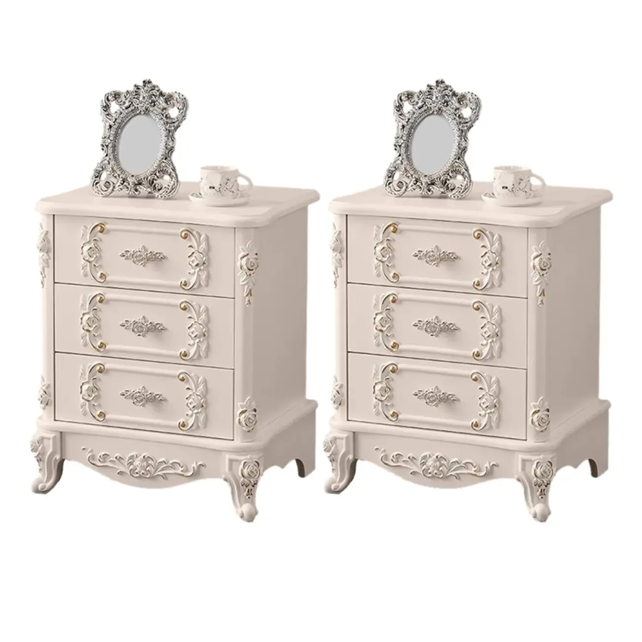 Traditional White Wood Carved 3-Drawer Nightstand Image - 14