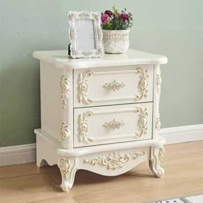 Traditional White Wood Carved 3-Drawer Nightstand Image - 3