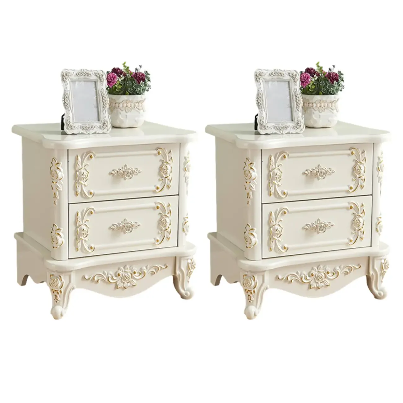 Traditional White Wood Carved 3-Drawer Nightstand Image - 15