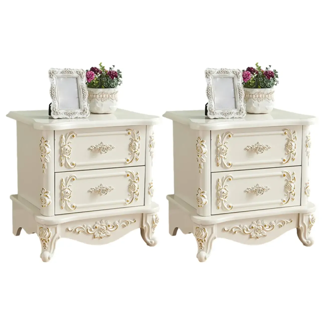 Traditional White Wood Carved 3-Drawer Nightstand Image - 17