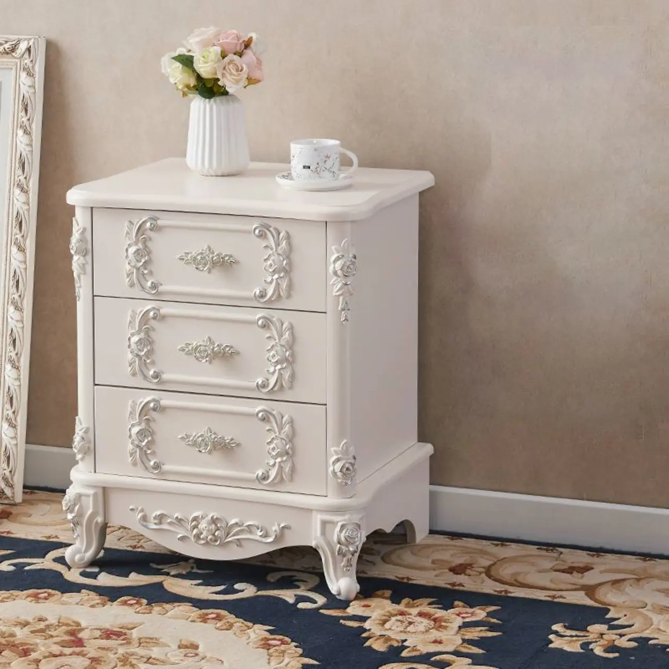 Traditional White Wood Carved 3-Drawer Nightstand Image - 18 | homeyfad