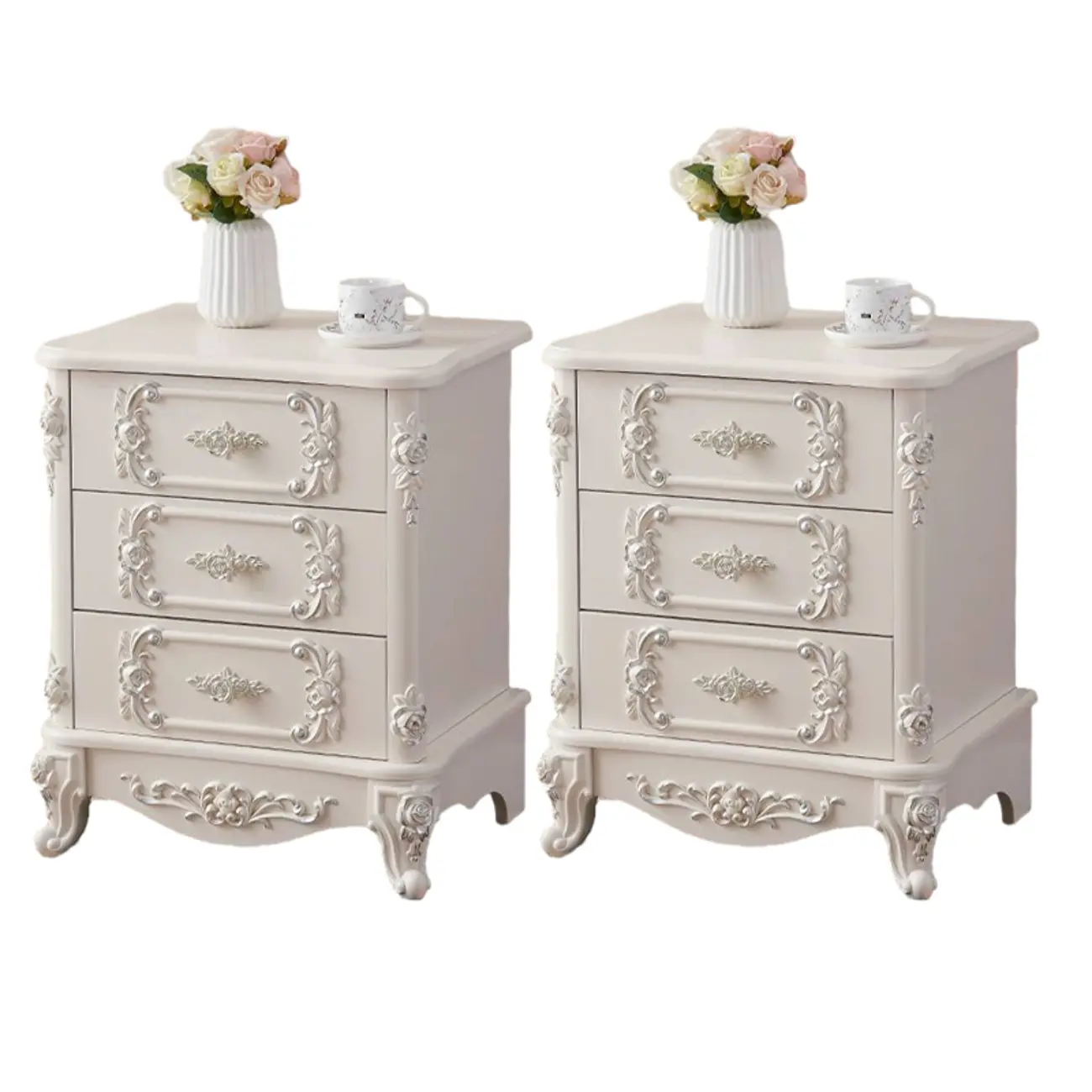 Traditional White Wood Carved 3-Drawer Nightstand Image - 19 | homeyfad