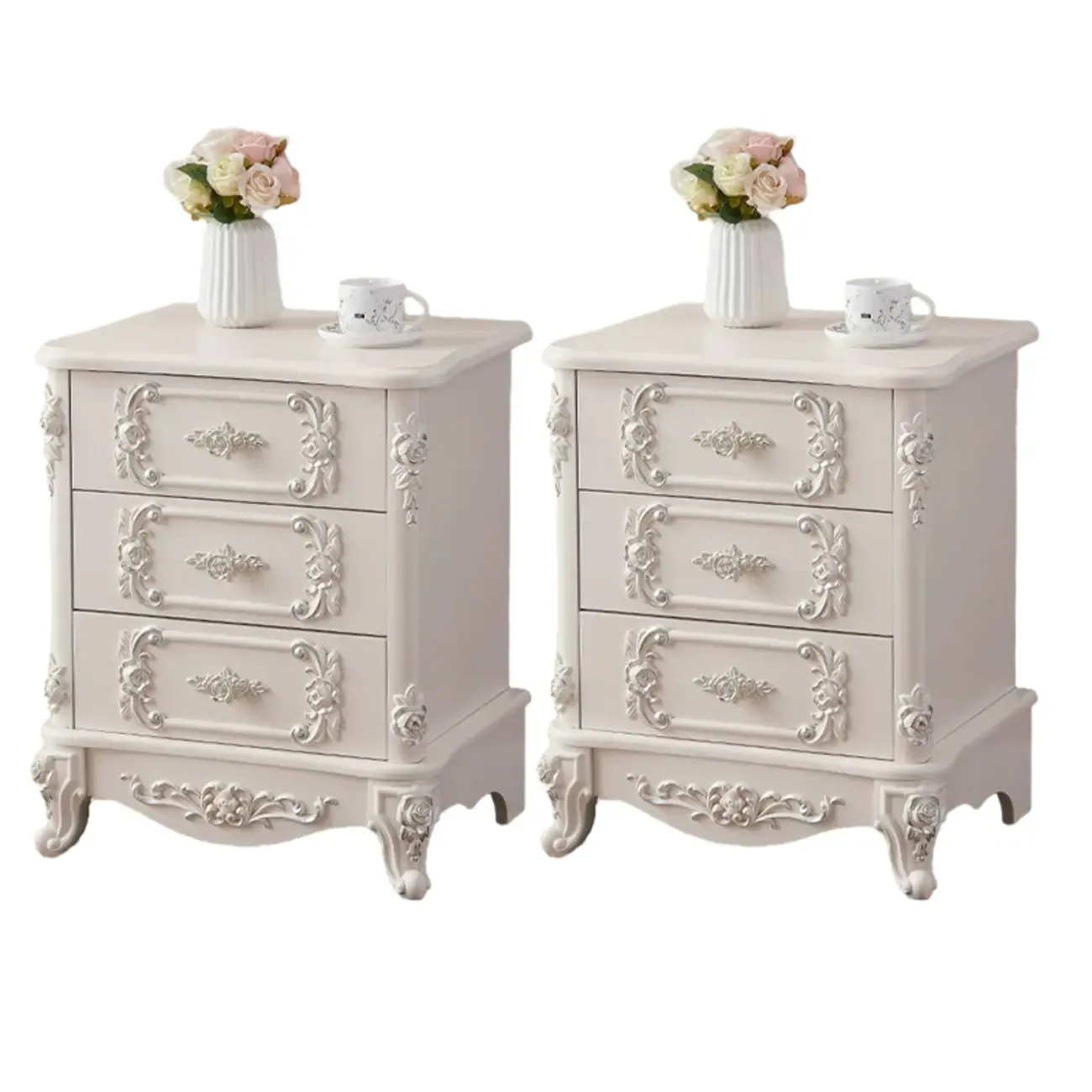 Traditional White Wood Carved 3-Drawer Nightstand Image - 19