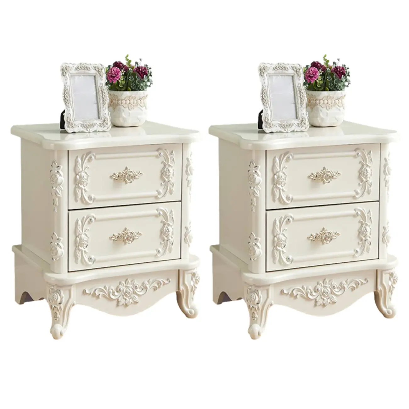 Traditional White Wood Carved 3-Drawer Nightstand Image - 21 | homeyfad