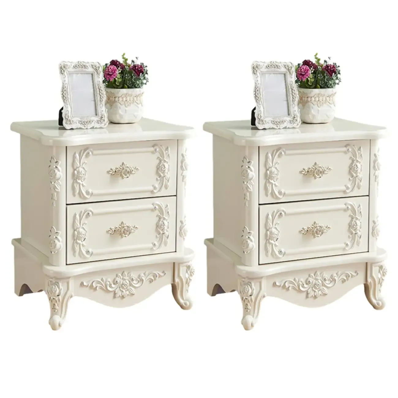 Traditional White Wood Carved 3-Drawer Nightstand Image - 21