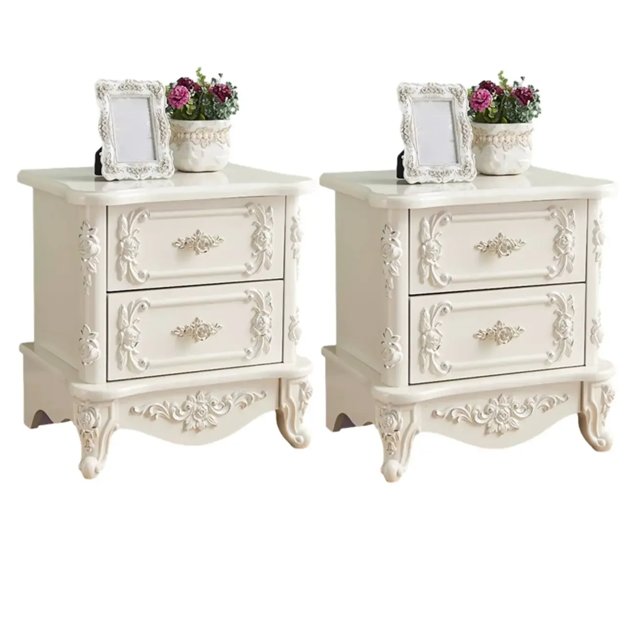 Traditional White Wood Carved 3-Drawer Nightstand Image - 23