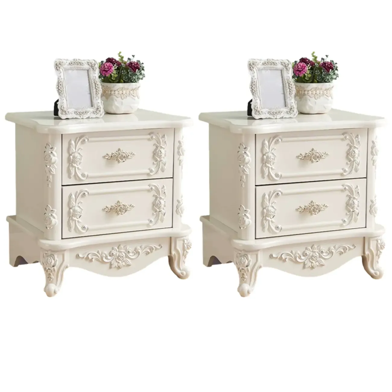 Traditional White Wood Carved 3-Drawer Nightstand Image - 25