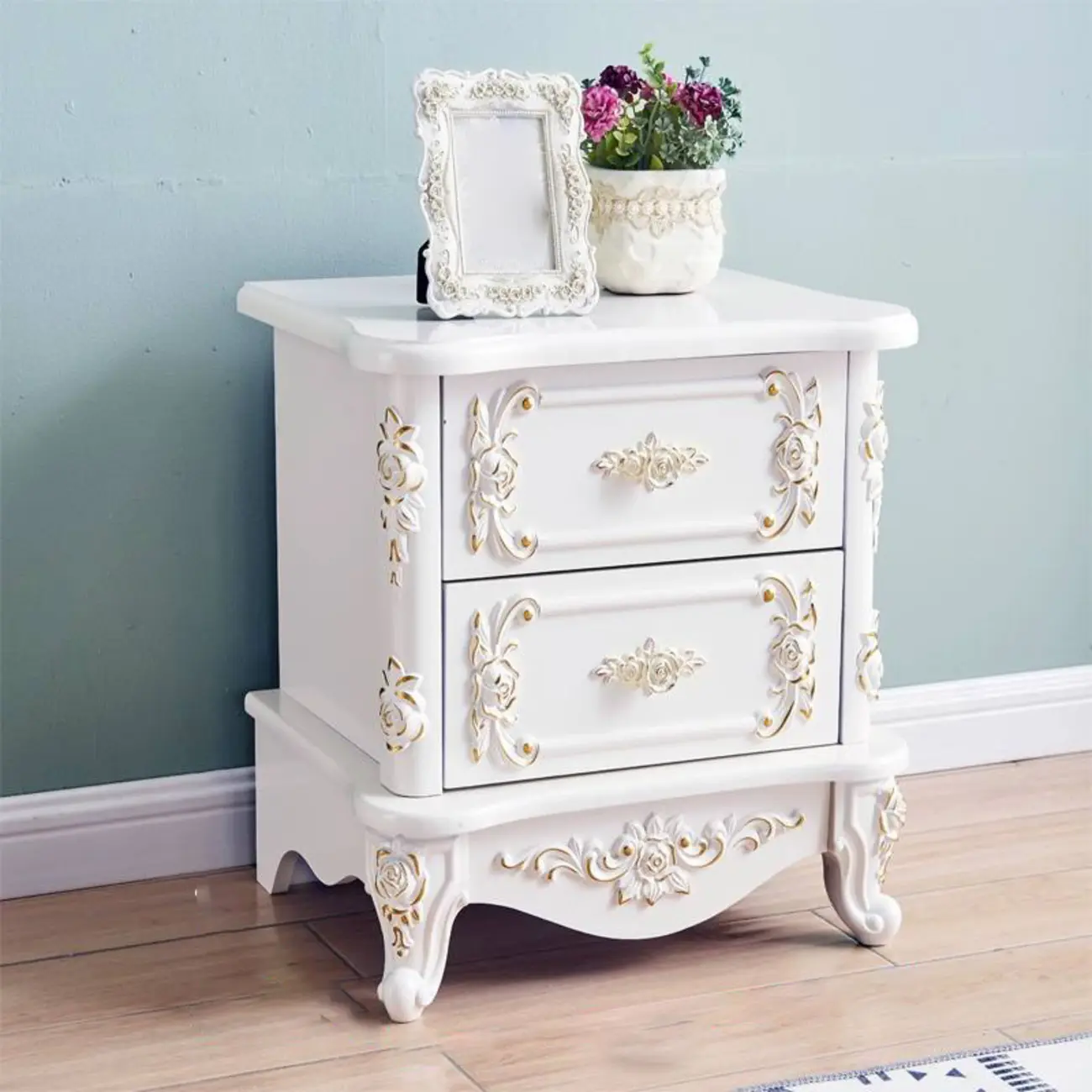 Traditional White Wood Carved 3-Drawer Nightstand Image - 26 | homeyfad
