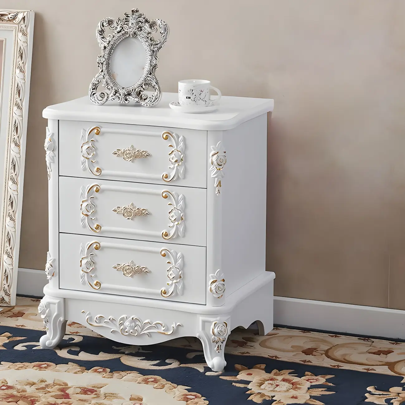 Traditional White Wood Carved 3-Drawer Nightstand Image - 27 | homeyfad
