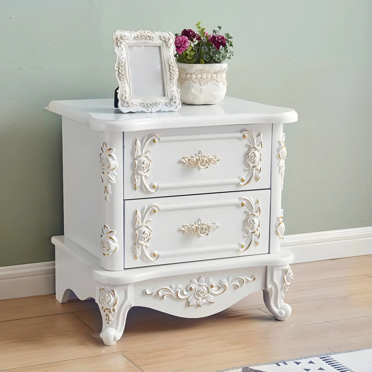 Traditional White Wood Carved 3-Drawer Nightstand Image - 28 | homeyfad