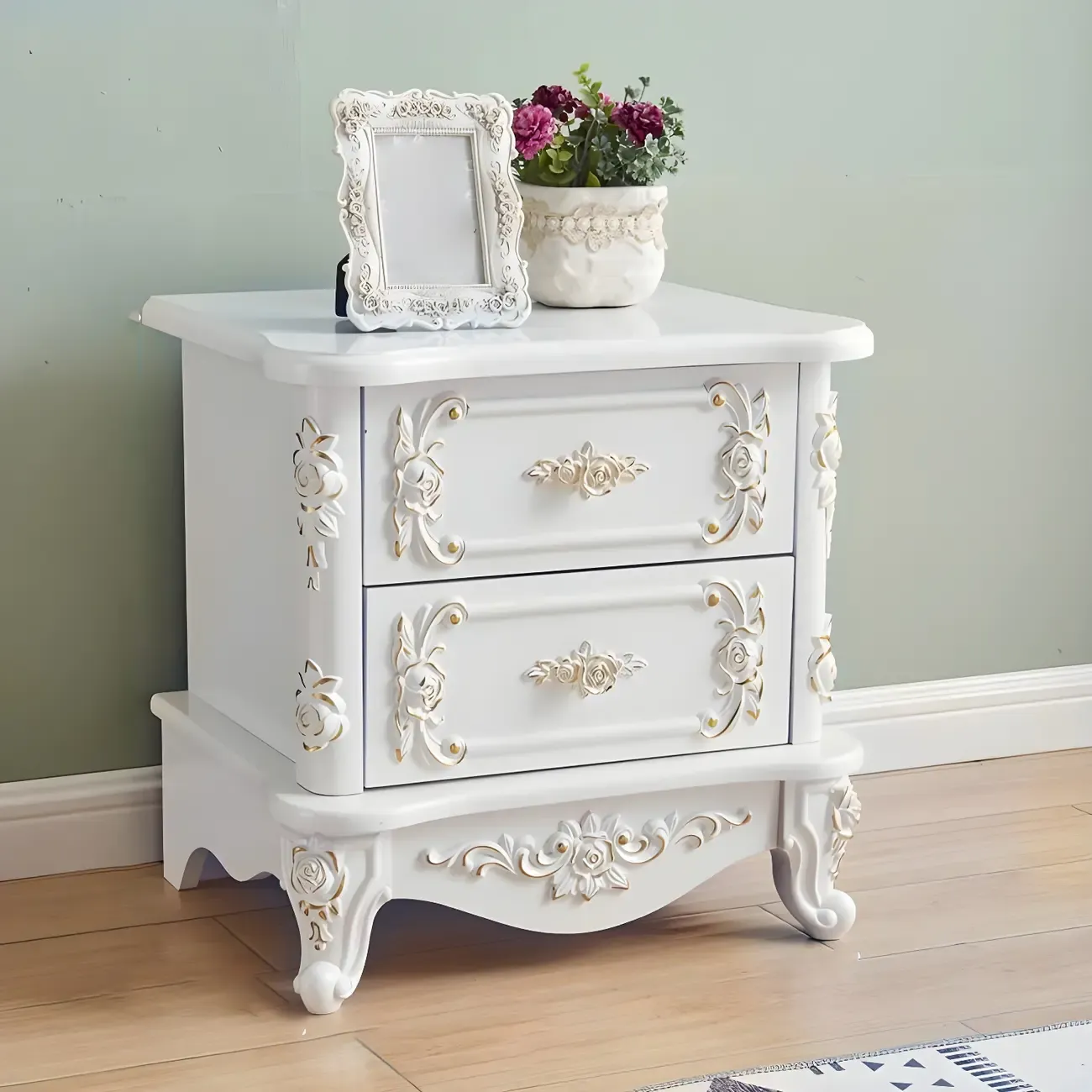 Traditional White Wood Carved 3-Drawer Nightstand Image - 28