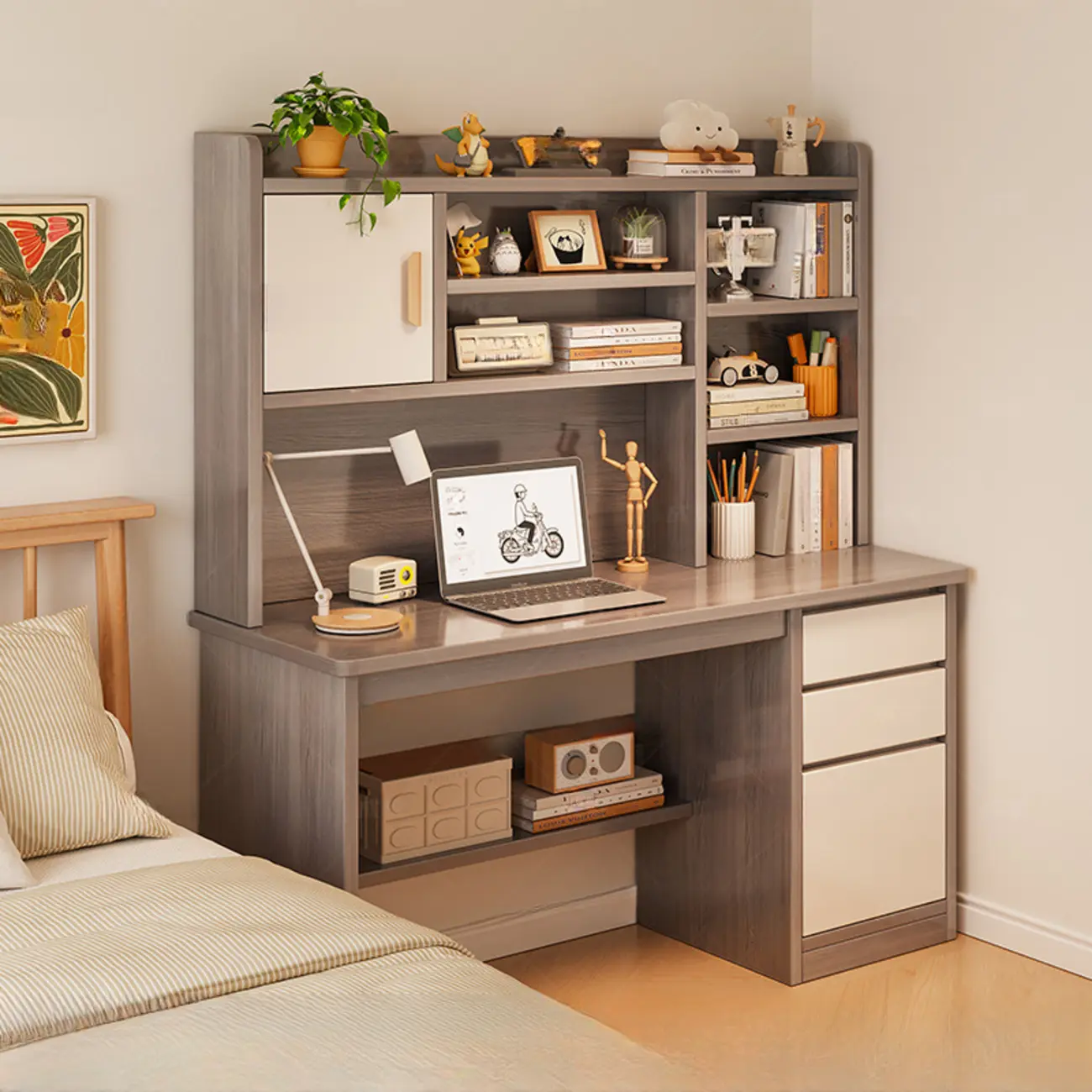 White Wooden Shelf Office Desk with Hutch & Cabinet Image - 2 | homeyfad
