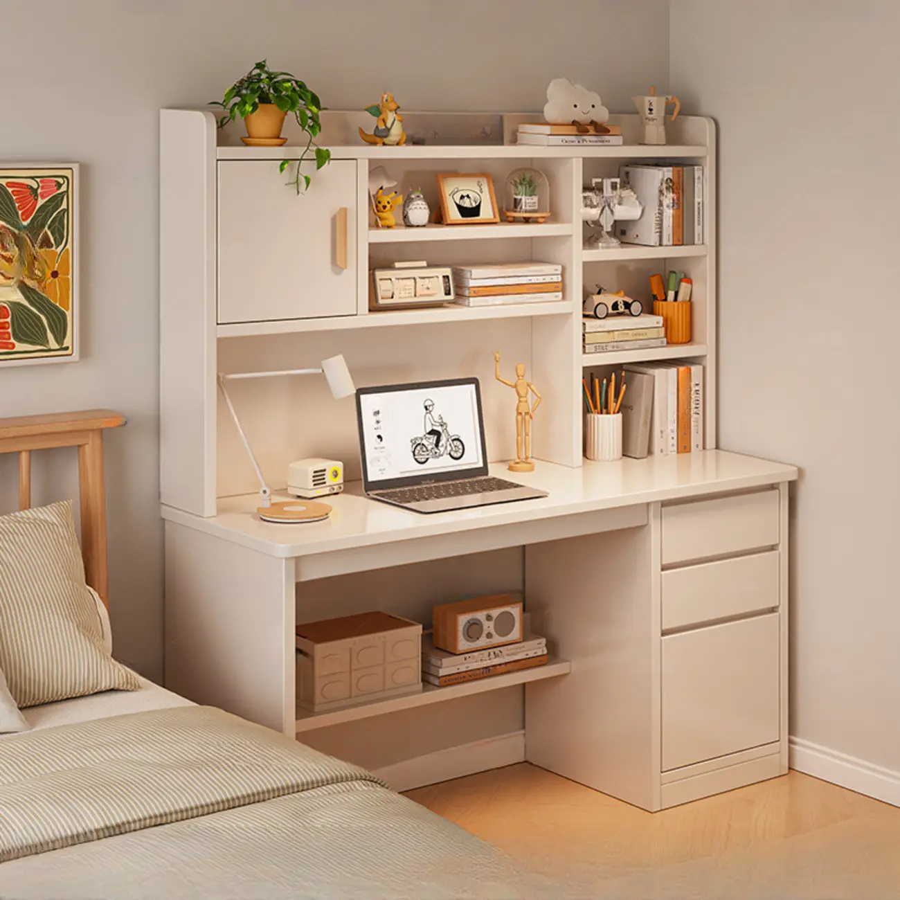 White Wooden Shelf Office Desk with Hutch & Cabinet Image - 1 | homeyfad