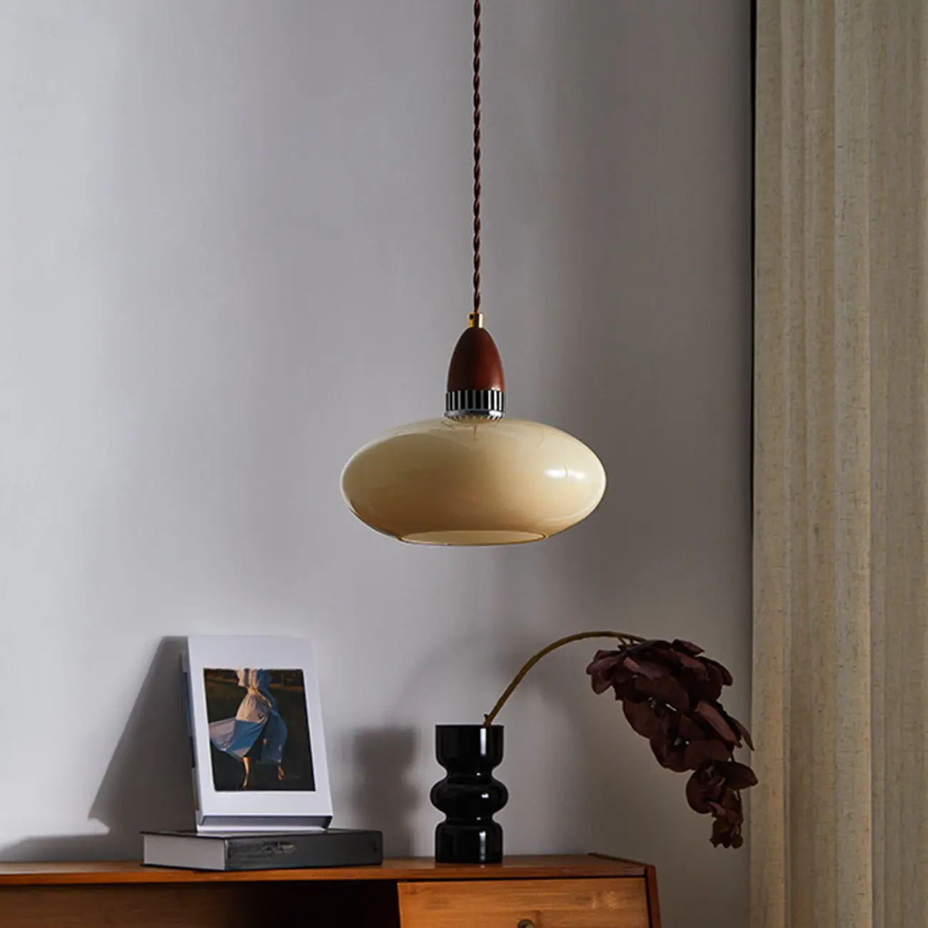 Modern Round Wood Glass Pendant Light Fixture for Indoor  Image - 3 | homeyfad