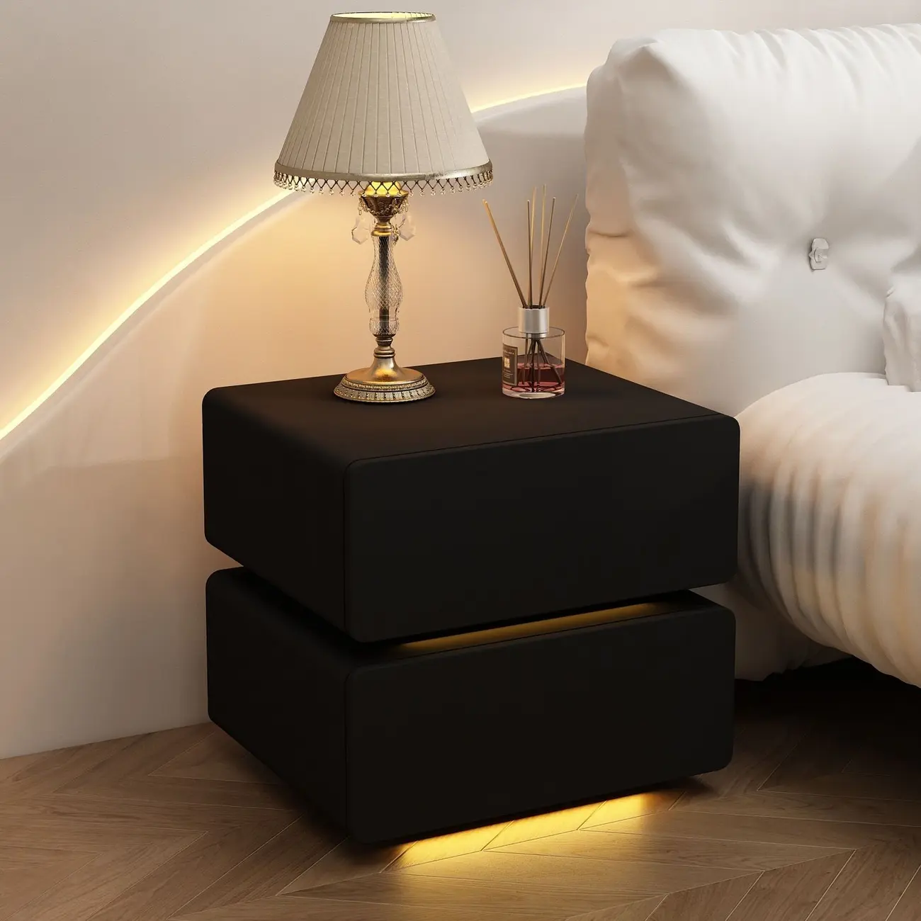 Modern Wood White Lighting 2-Drawer Nightstand Image - 5 | homeyfad