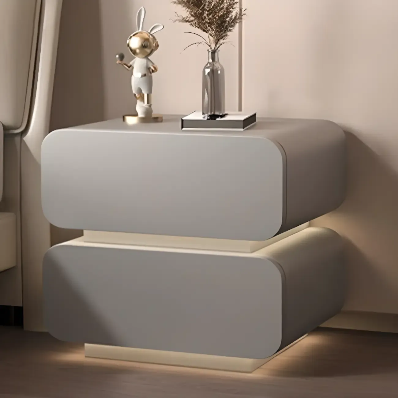Modern Wood White Lighting 2-Drawer Nightstand Image - 3