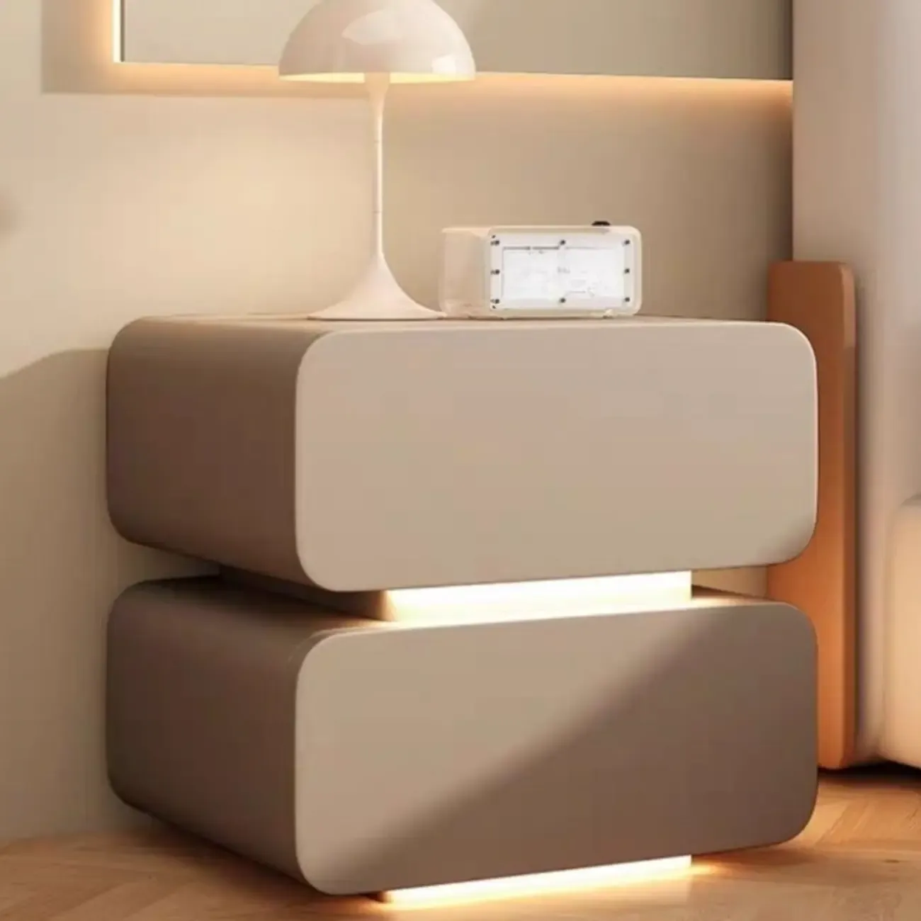 Modern Wood White Lighting 2-Drawer Nightstand Image - 6