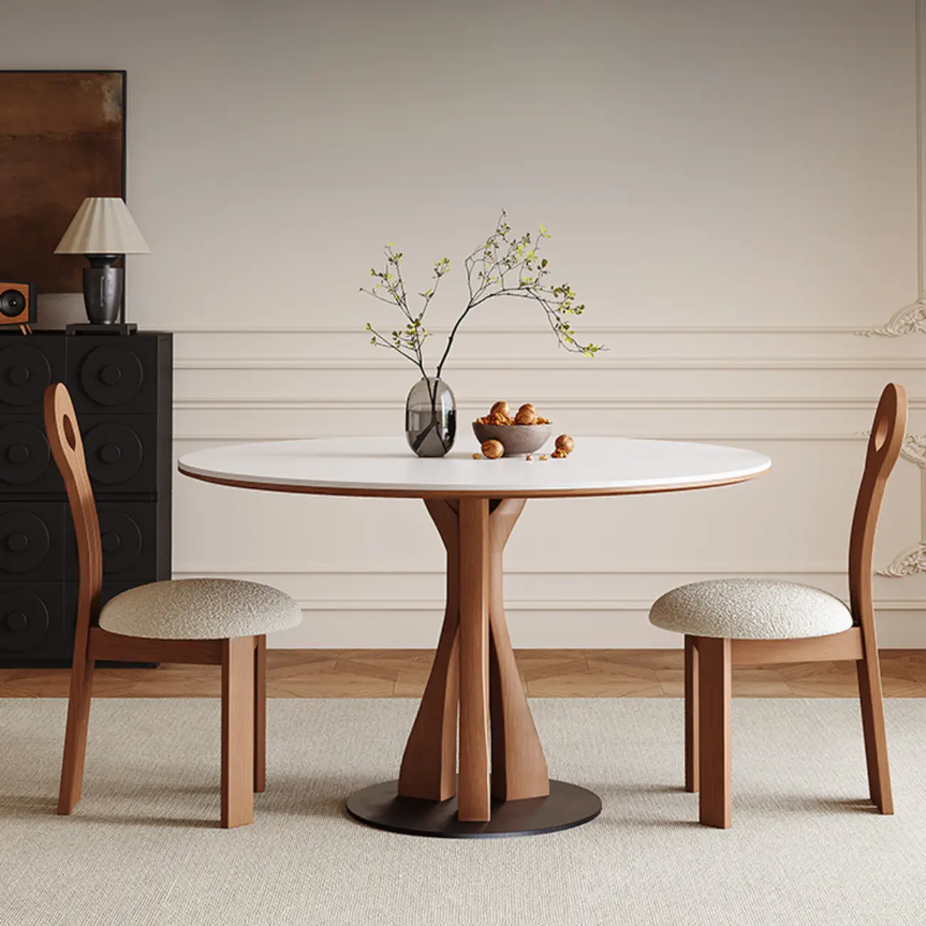 Mid-Century Modern White Stone Brown Wood Round Dining Table Image - 1 | homeyfad