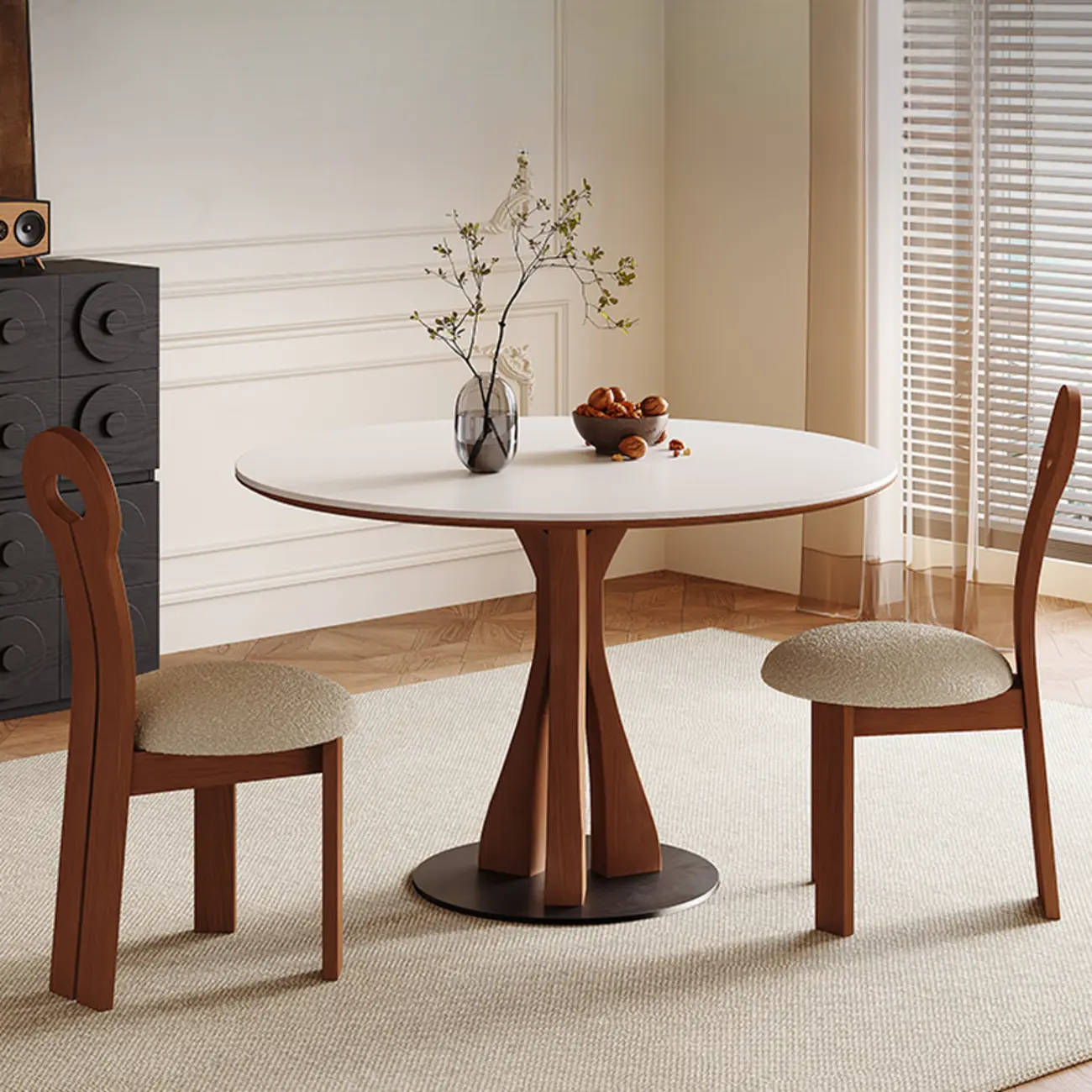 Mid-Century Modern White Stone Brown Wood Round Dining Table Image - 2 | homeyfad