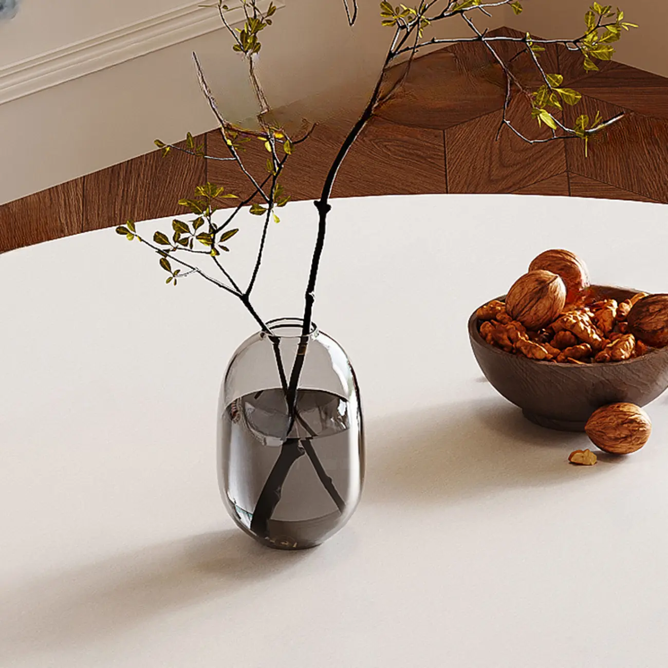 Mid-Century Modern White Stone Brown Wood Round Dining Table Image - 4 | homeyfad