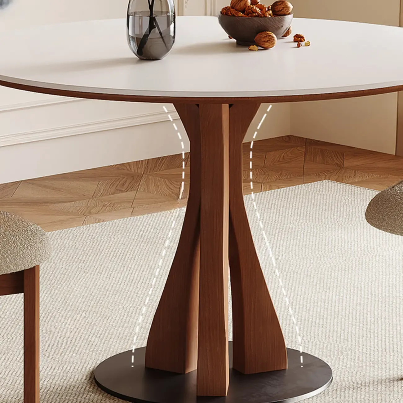 Mid-Century Modern White Stone Brown Wood Round Dining Table Image - 5