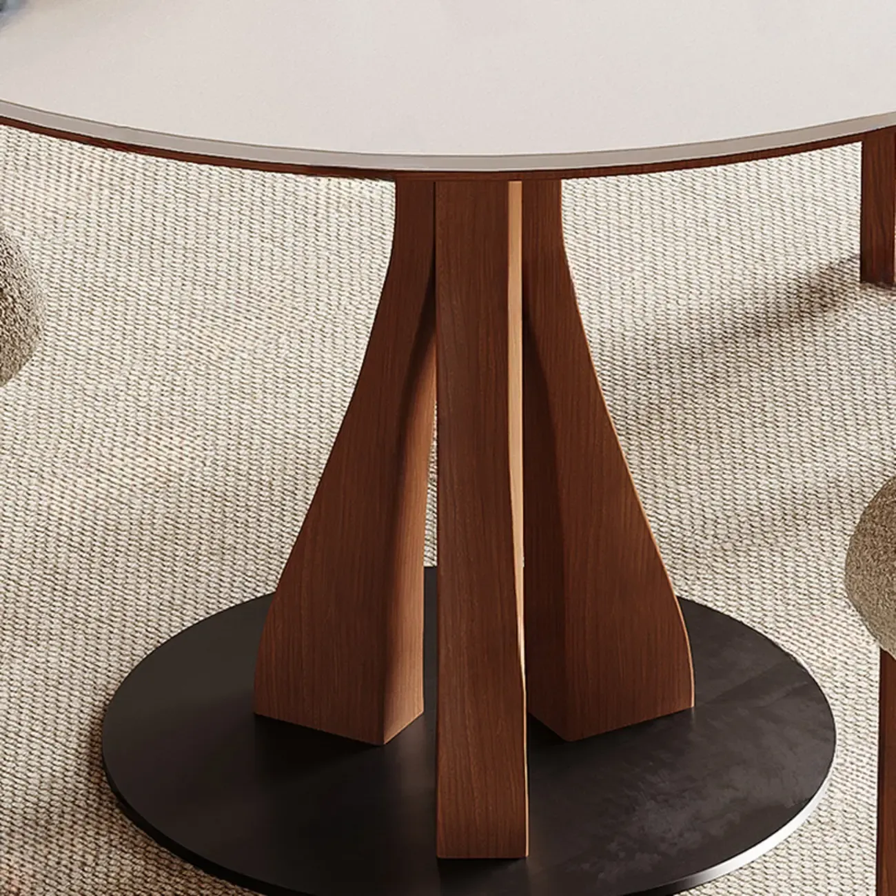 Mid-Century Modern White Stone Brown Wood Round Dining Table Image - 6