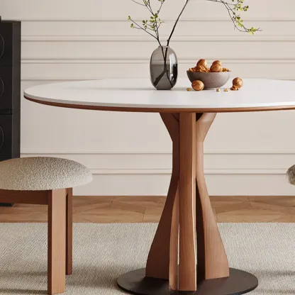 Mid-Century Modern White Stone Brown Wood Round Dining Table Image - 7