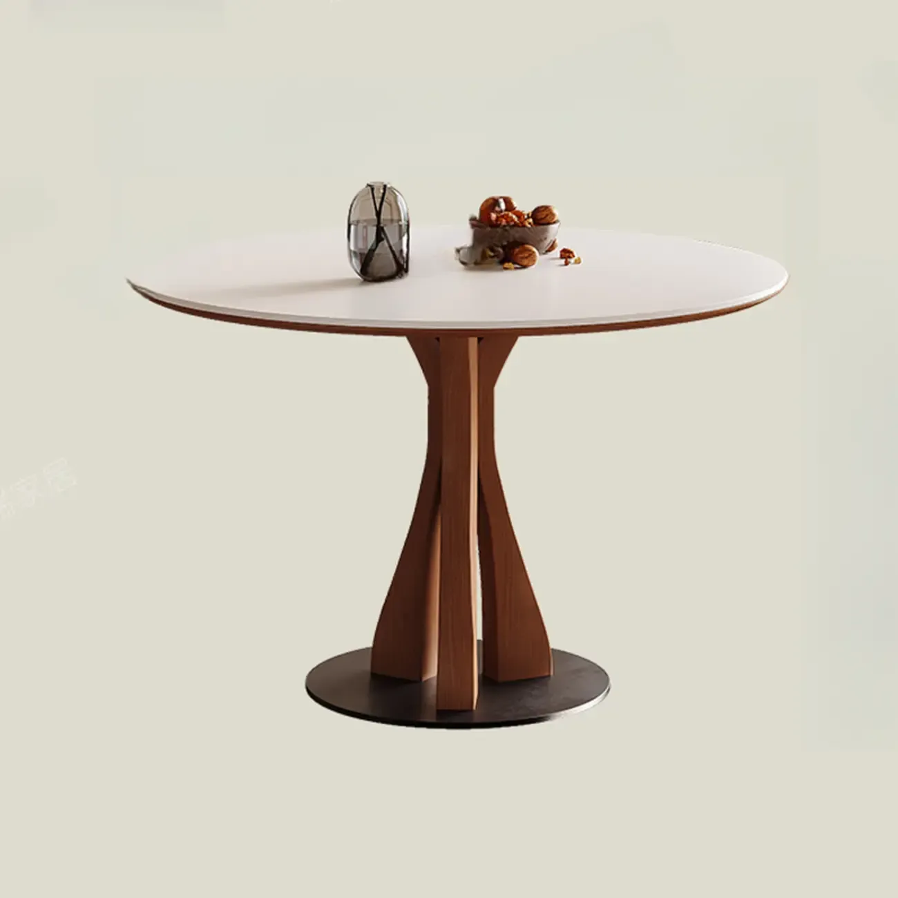 Mid-Century Modern White Stone Brown Wood Round Dining Table Image - 8