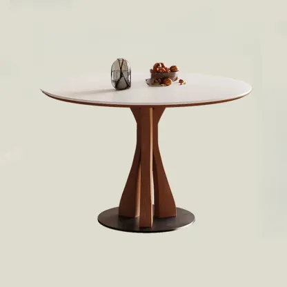 Mid-Century Modern White Stone Brown Wood Round Dining Table Image - 8