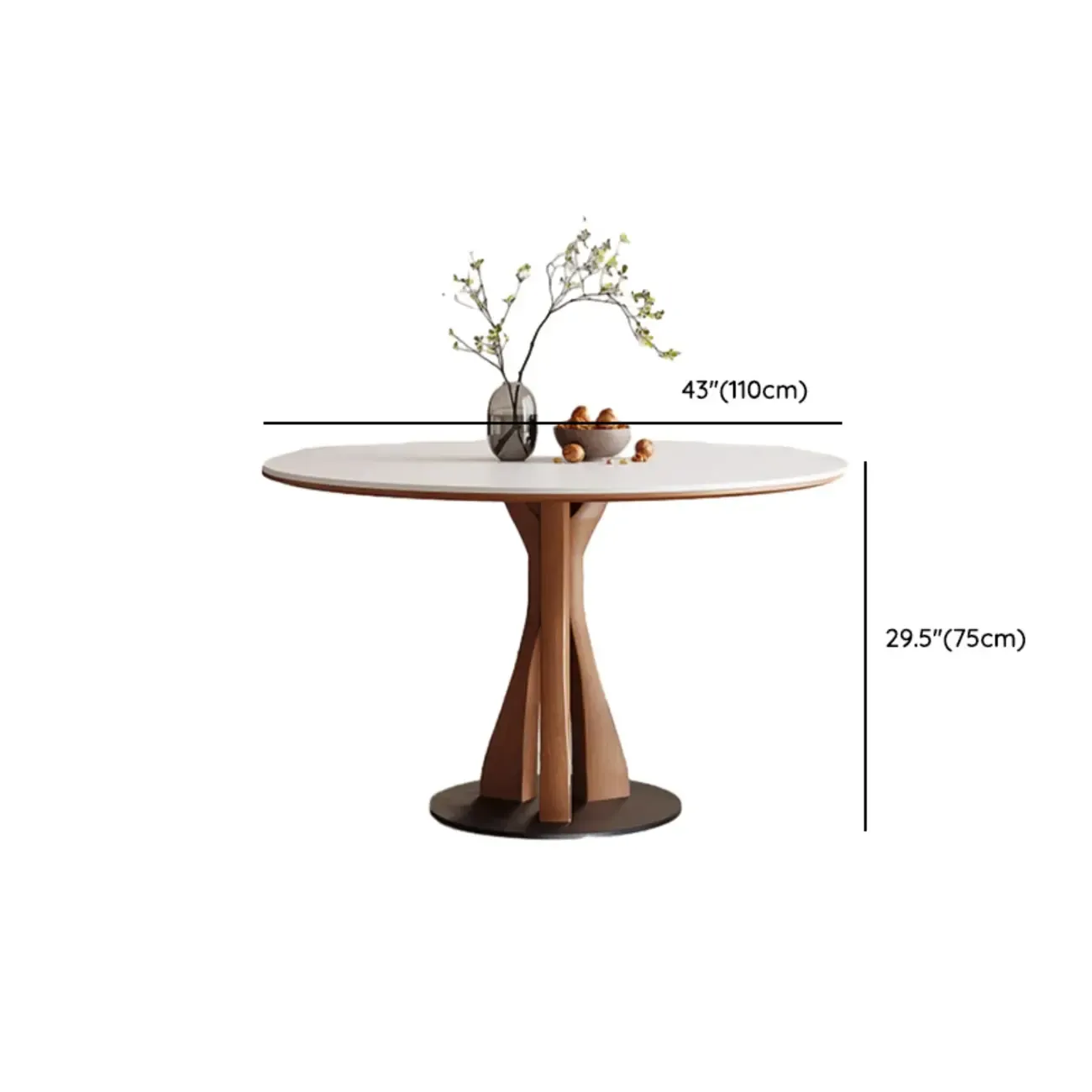 Mid-Century Modern White Stone Brown Wood Round Dining Table Image - 13