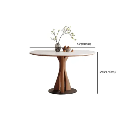 Mid-Century Modern White Stone Brown Wood Round Dining Table Image - 13