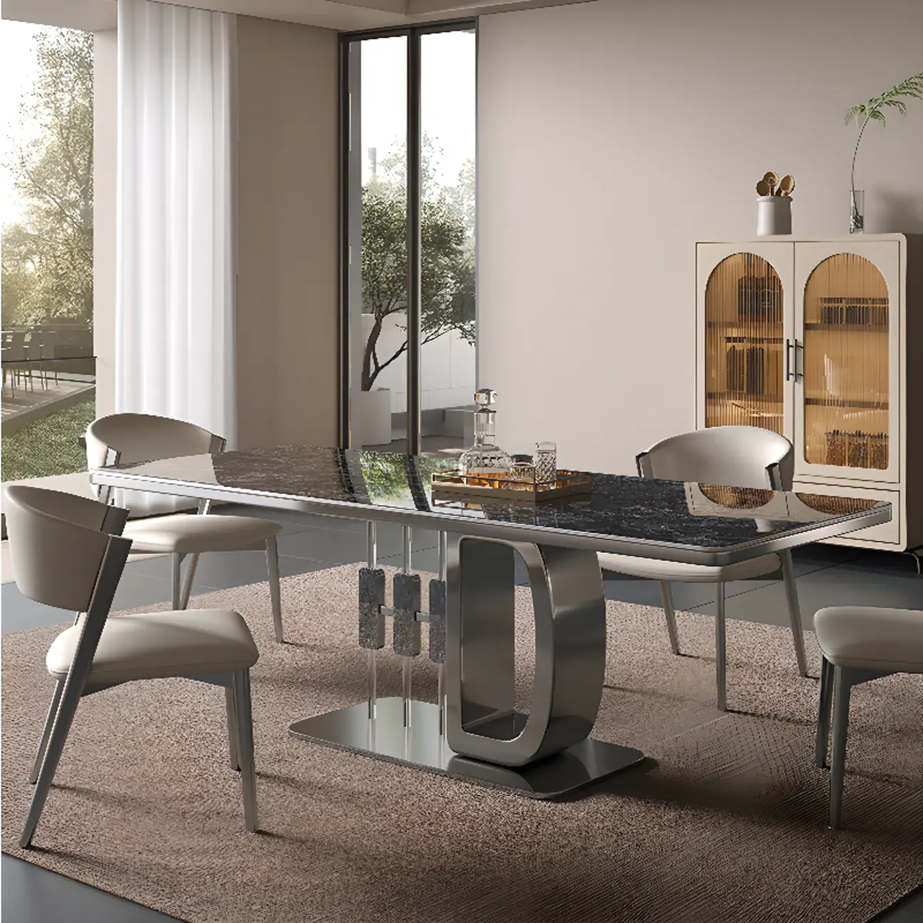 Modern Rectangular Black Stone Silver Metal Base Dining Table Image - 1 | homeyfad