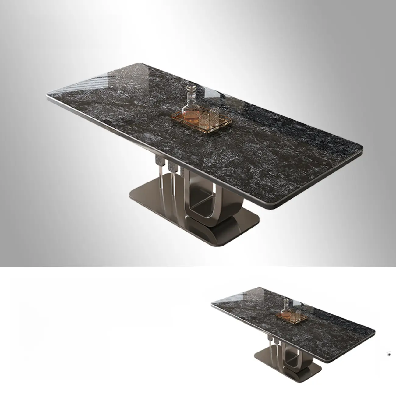 Modern Rectangular Black Stone Silver Metal Base Dining Table Image - 2 | homeyfad
