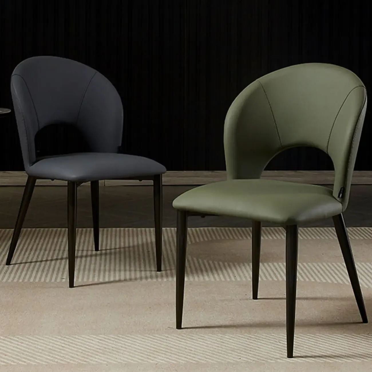 Mid Century Modern Dining Room Chairs Curved Back Faux Leather Image - 2