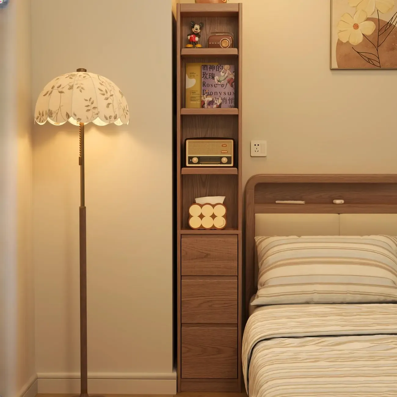 Narrow Oak Wood Corner Bookcase with Drawers Image - 1