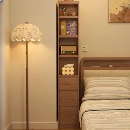 Narrow Oak Wood Corner Bookcase with Drawers Image - 1