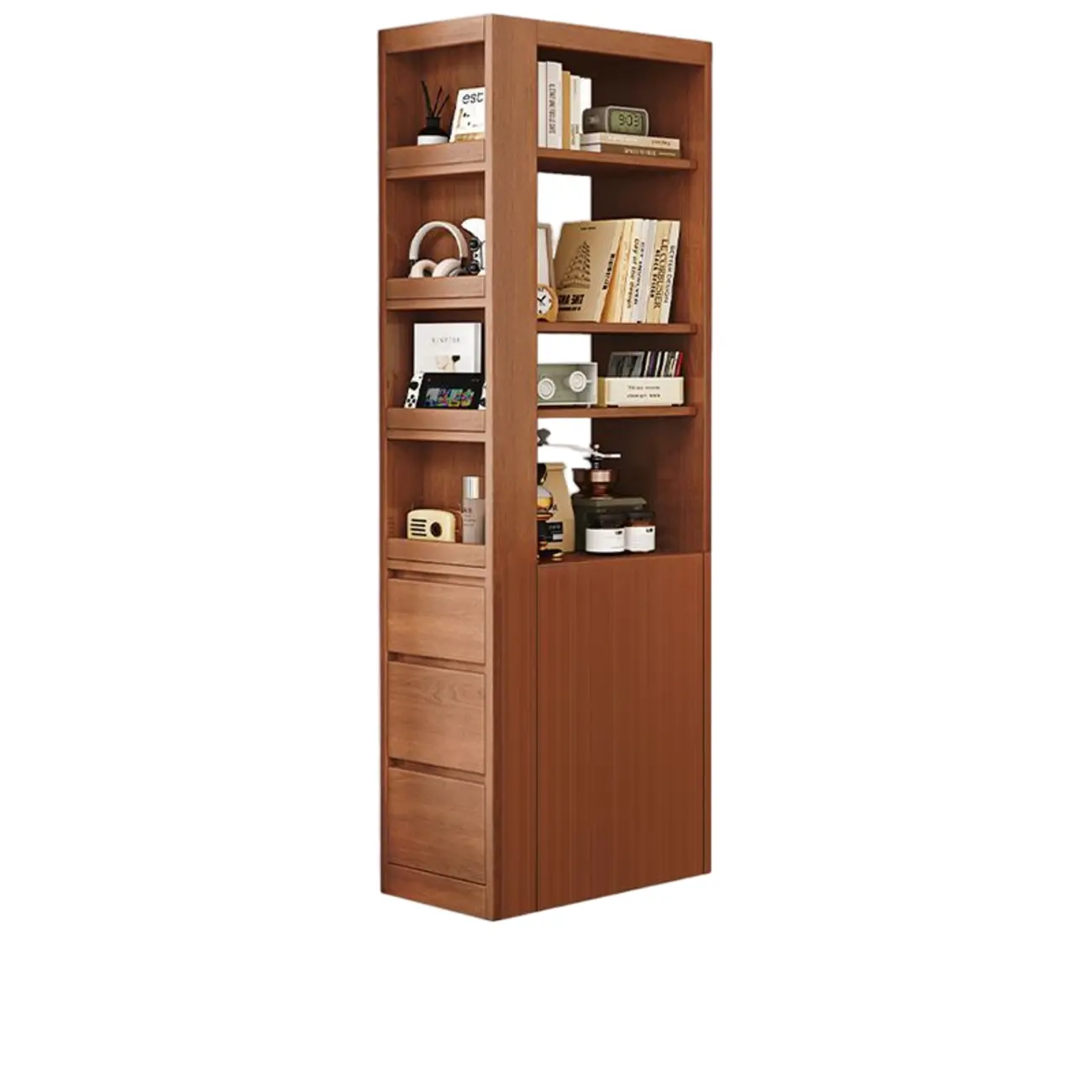 Narrow Oak Wood Corner Bookcase with Drawers Image - 2 | homeyfad