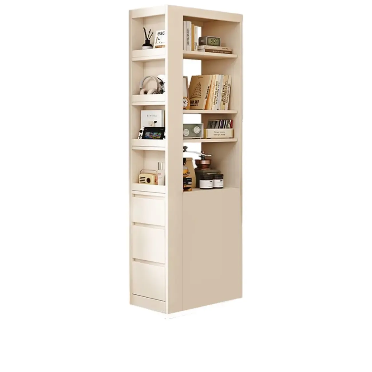 Narrow Oak Wood Corner Bookcase with Drawers Image - 3
